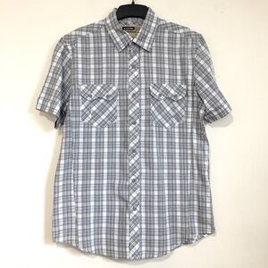 Machine Men’s Gray White Plaid Button Up Short Sleeve Causal Shirt